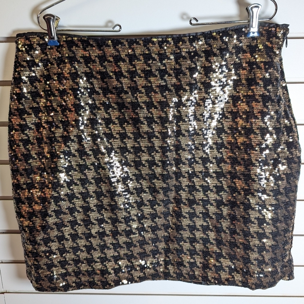 Bagatelle Collection Black and Gold Houndstooth  Sequin Mini Skirt  XL NWT - Picture 4 of 9